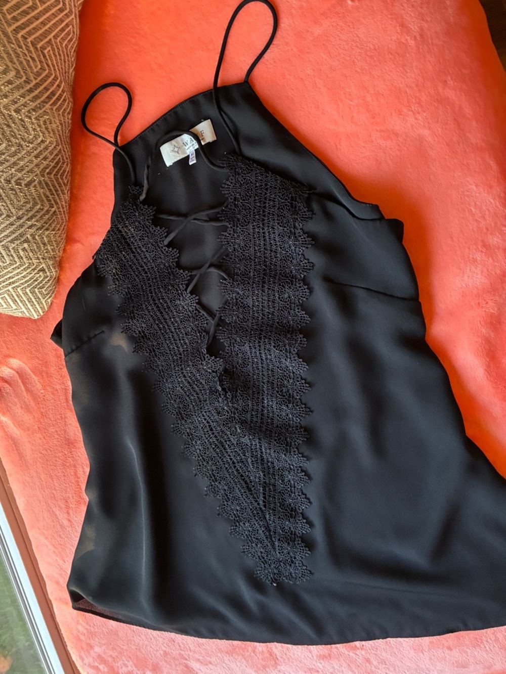 WAYF Black Embroidered Lace-Trim V-Neck Top With Lace-Up Front